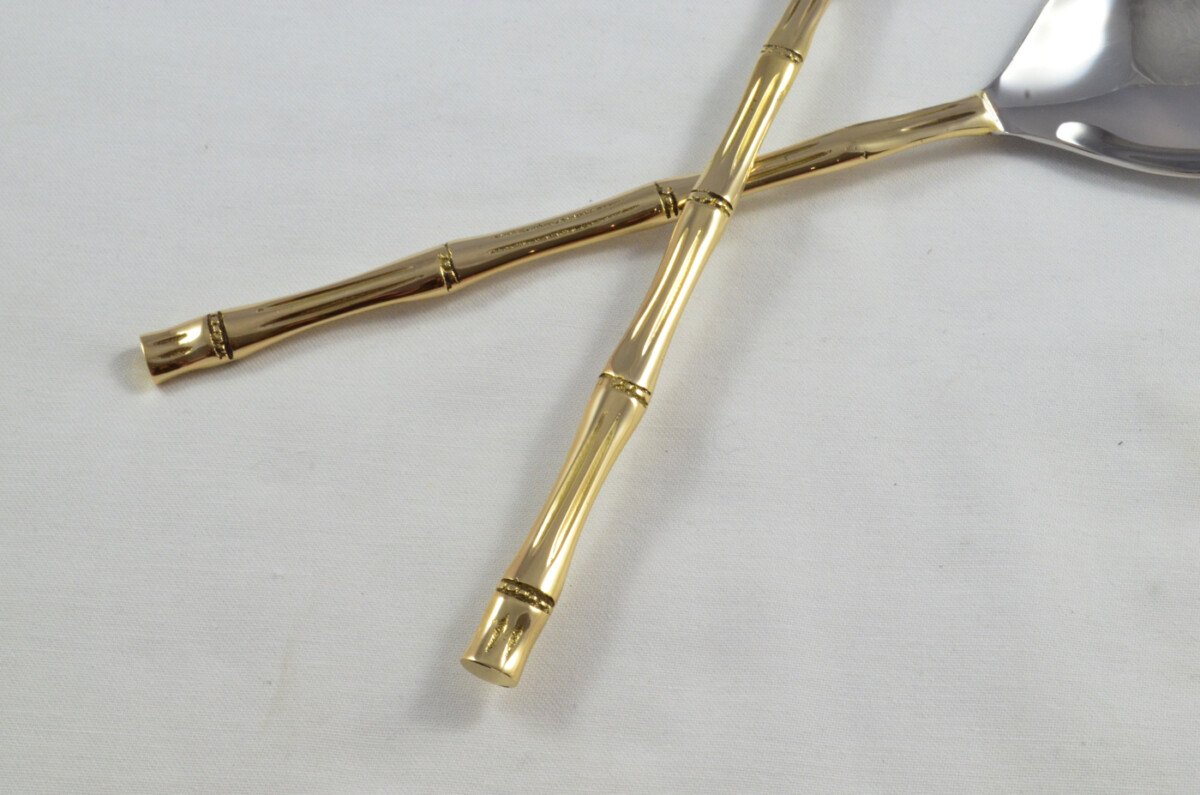 A Pair Of Limited Edition Gold Plated Stainless Steel Salad Servers Bamboo Pattern - Image 2