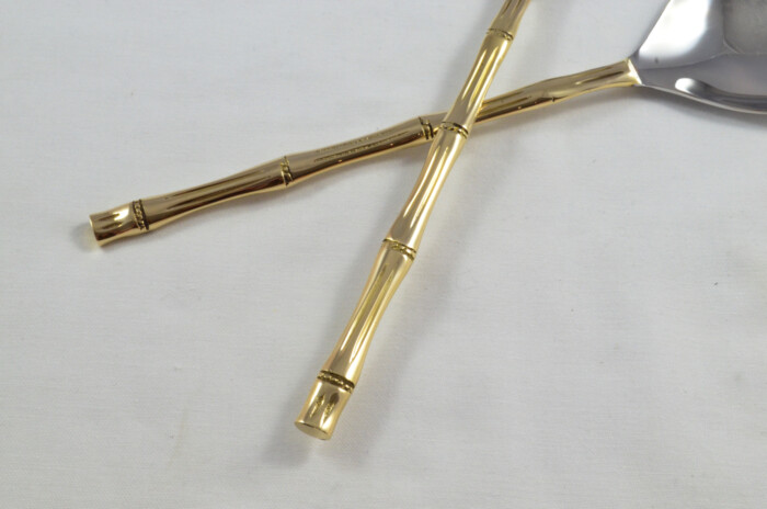 Pair Of Limited Edition Gold Plated Stainless Steel Salad Servers Bamboo Pattern - Image 2