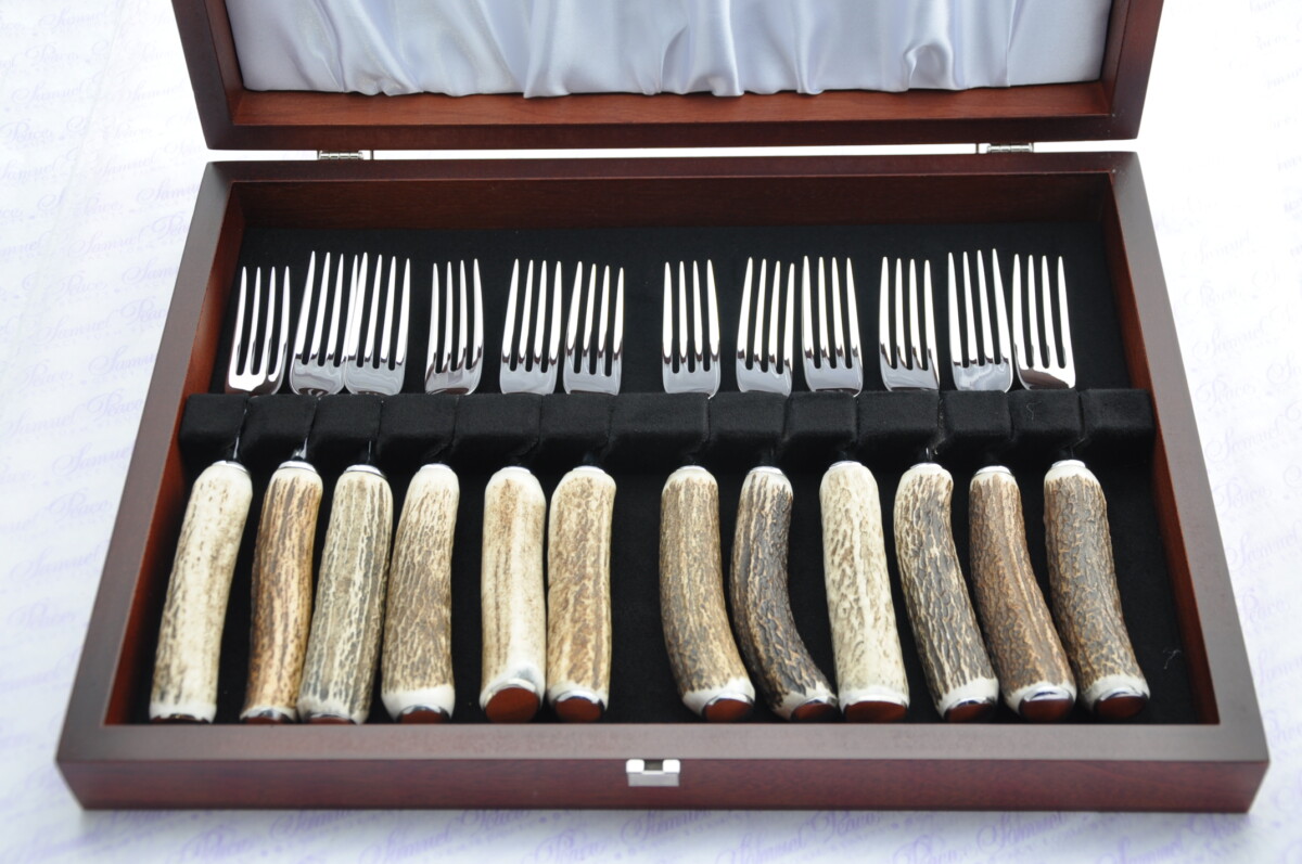 Twelve New Genuine Stag/Antler Handle Steak Forks Made Sheffield England Cased
