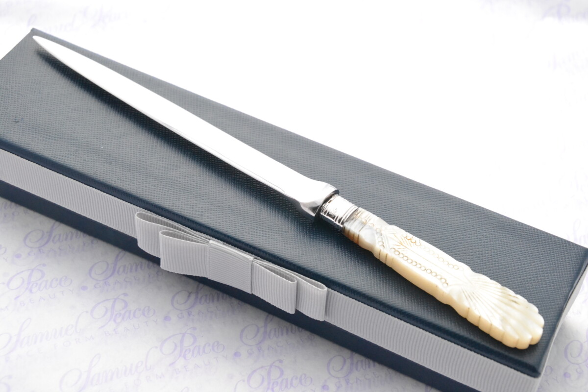 James A Scholes Pristine Mother of Pearl Sterling Silver Ferruled Letter Opener Sheffield 1915 Cased