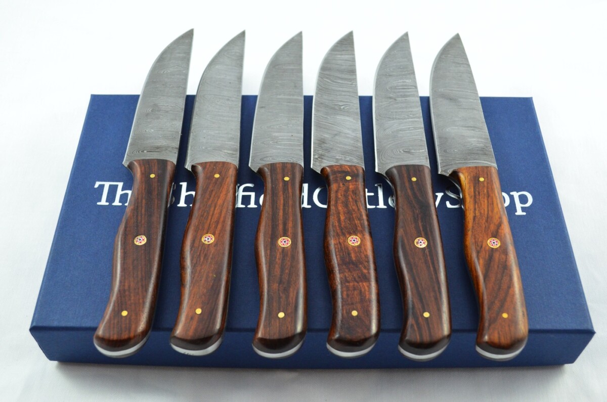 Six Huge Genuine Rosewood Handle Damascus Steel Steak Knives Boxed Made In Sheffield England