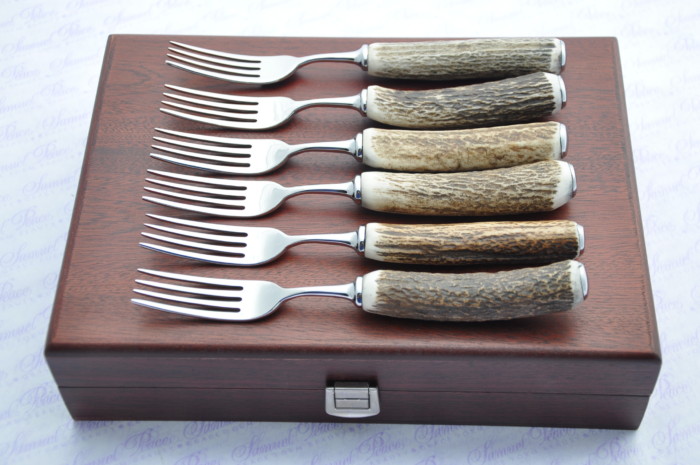 Six New Genuine Stag/Antler Handle Steak Forks Made Sheffield England Cased - Image 9