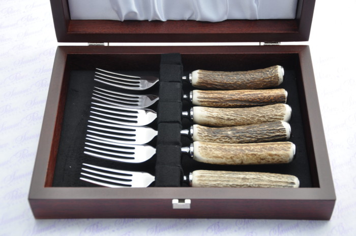 Six New Genuine Stag/Antler Handle Steak Forks Made Sheffield England Cased
