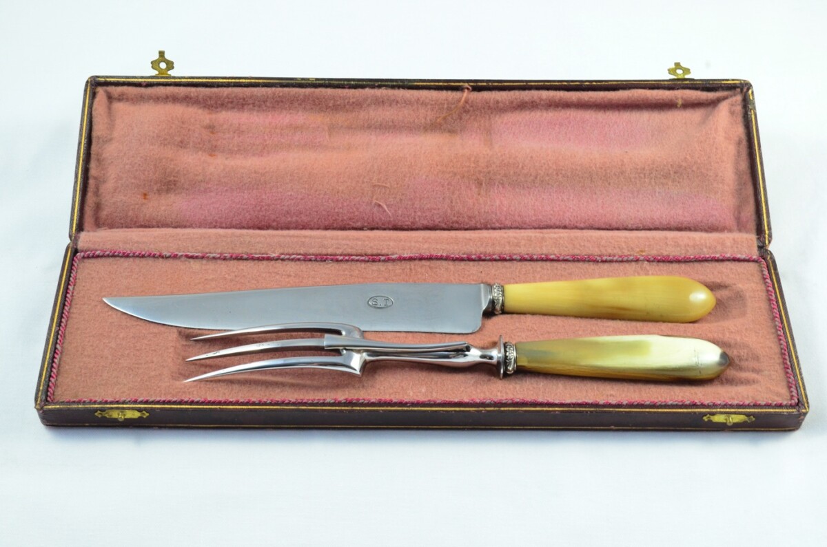 PARIS - French Handmade 2 Piece Water Buffalo Horn Handled Carving Set c.1920