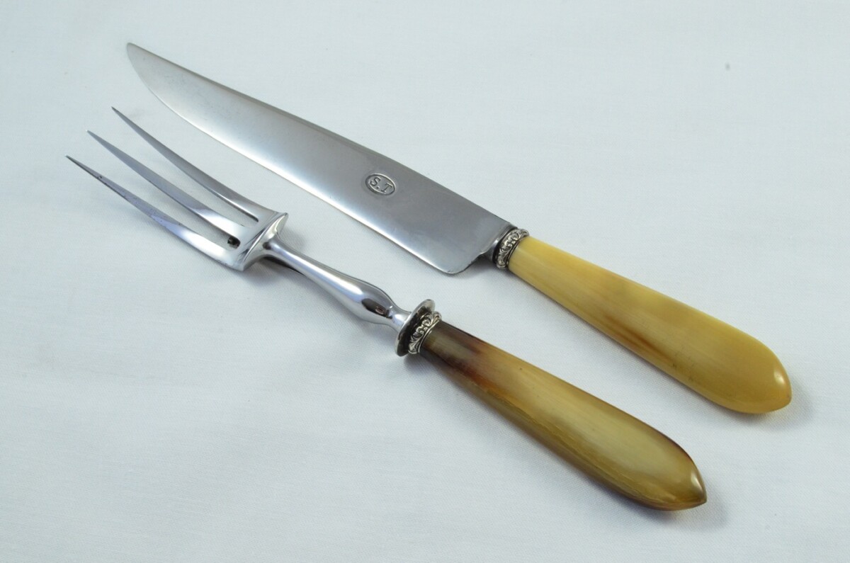 PARIS - French Handmade 2 Piece Water Buffalo Horn Handled Carving Set c.1920 - Image 2