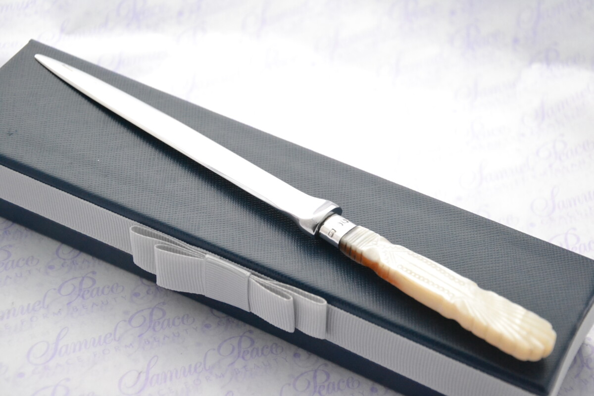 John Round Pristine Mother of Pearl Sterling Silver Ferruled Letter Opener Sheffield 1908 Cased