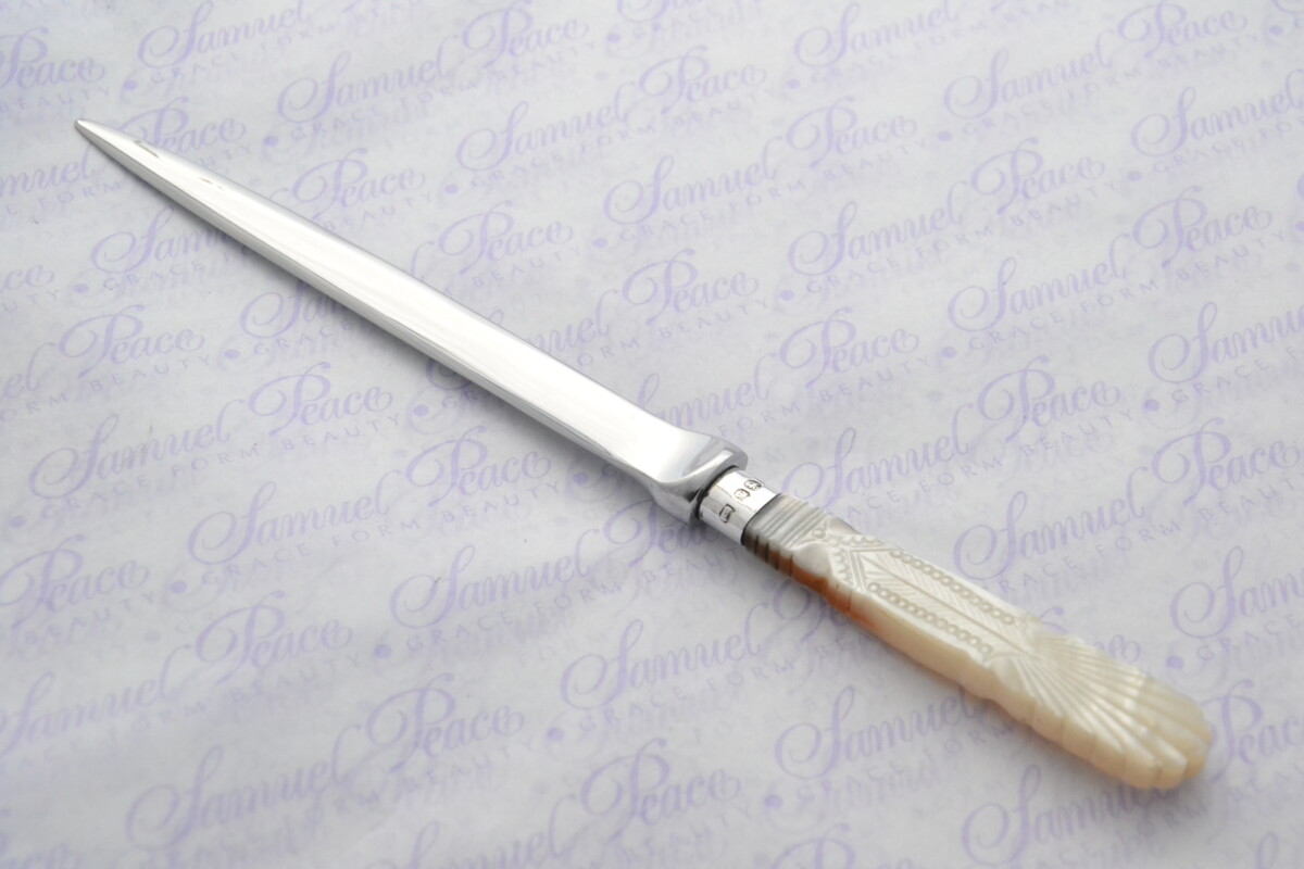 John Round Pristine Mother of Pearl Sterling Silver Ferruled Letter Opener Sheffield 1908 Cased - Image 2