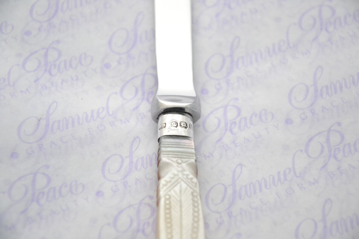 John Round Pristine Mother of Pearl Sterling Silver Ferruled Letter Opener Sheffield 1908 Cased - Image 5