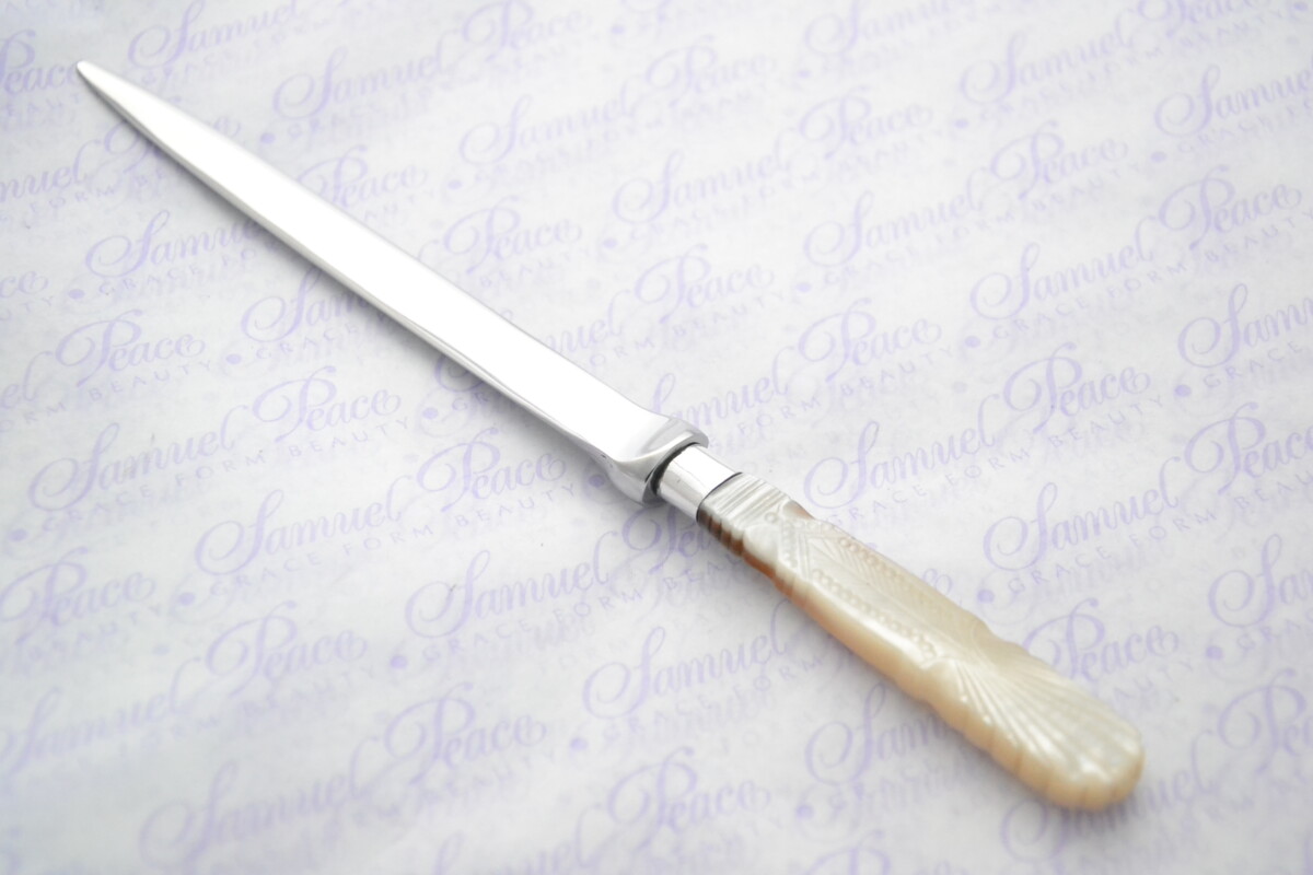 John Round Pristine Mother of Pearl Sterling Silver Ferruled Letter Opener Sheffield 1908 Cased - Image 6