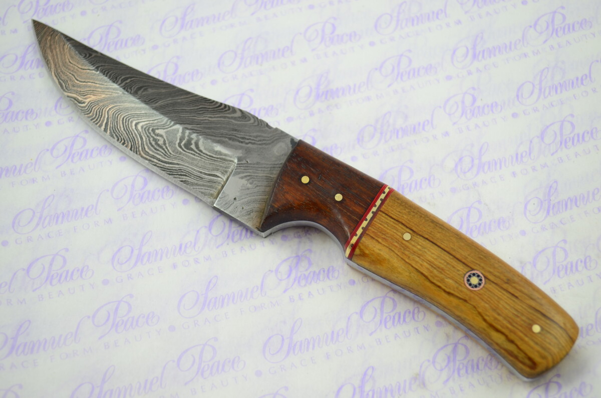 Full Scale Tang Damascus Steel Bowie Rosewood & Olivewood Scales 5" Blade