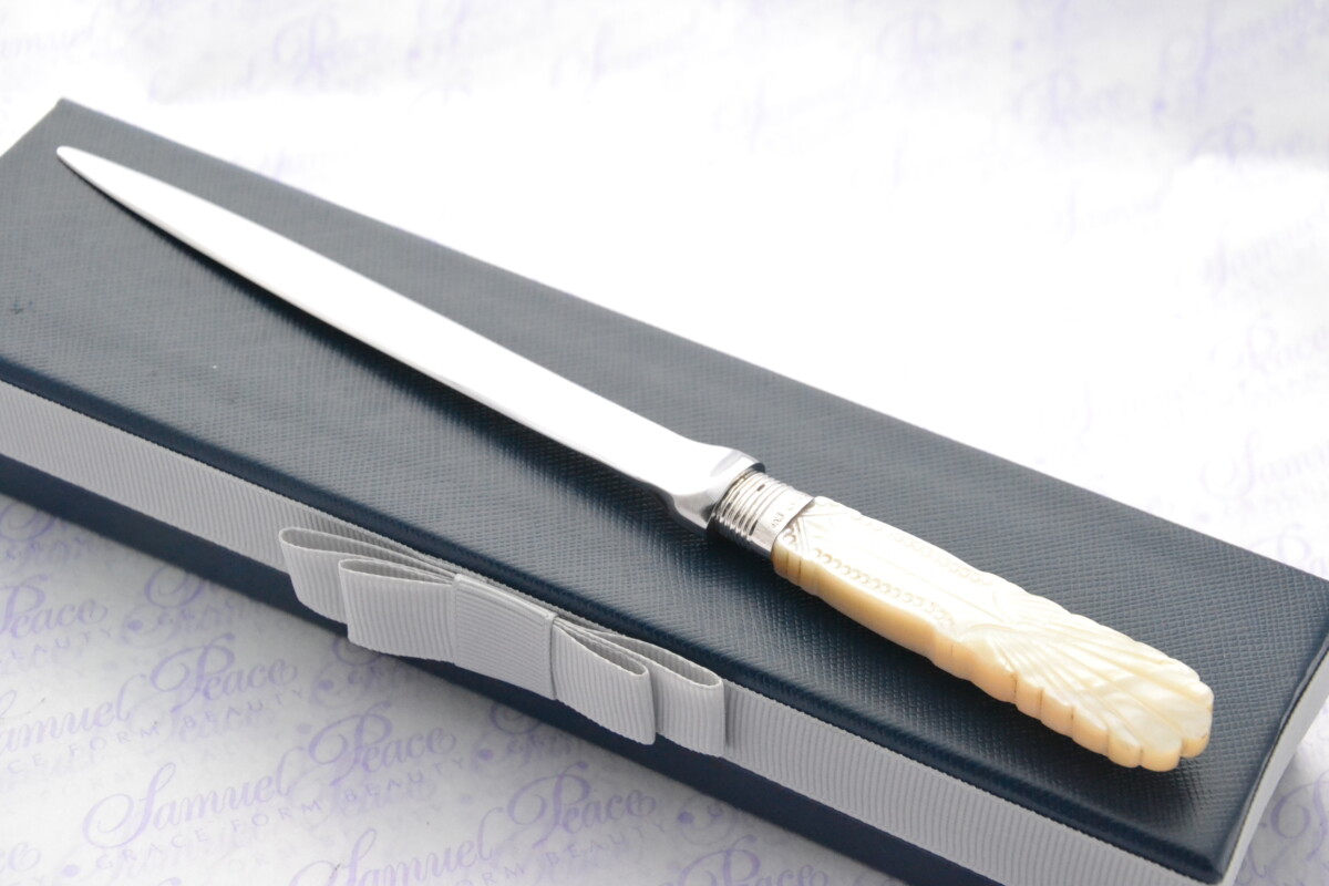 John Yates Pristine Mother of Pearl Sterling Silver Ferruled Letter Opener Sheffield 1918 Cased