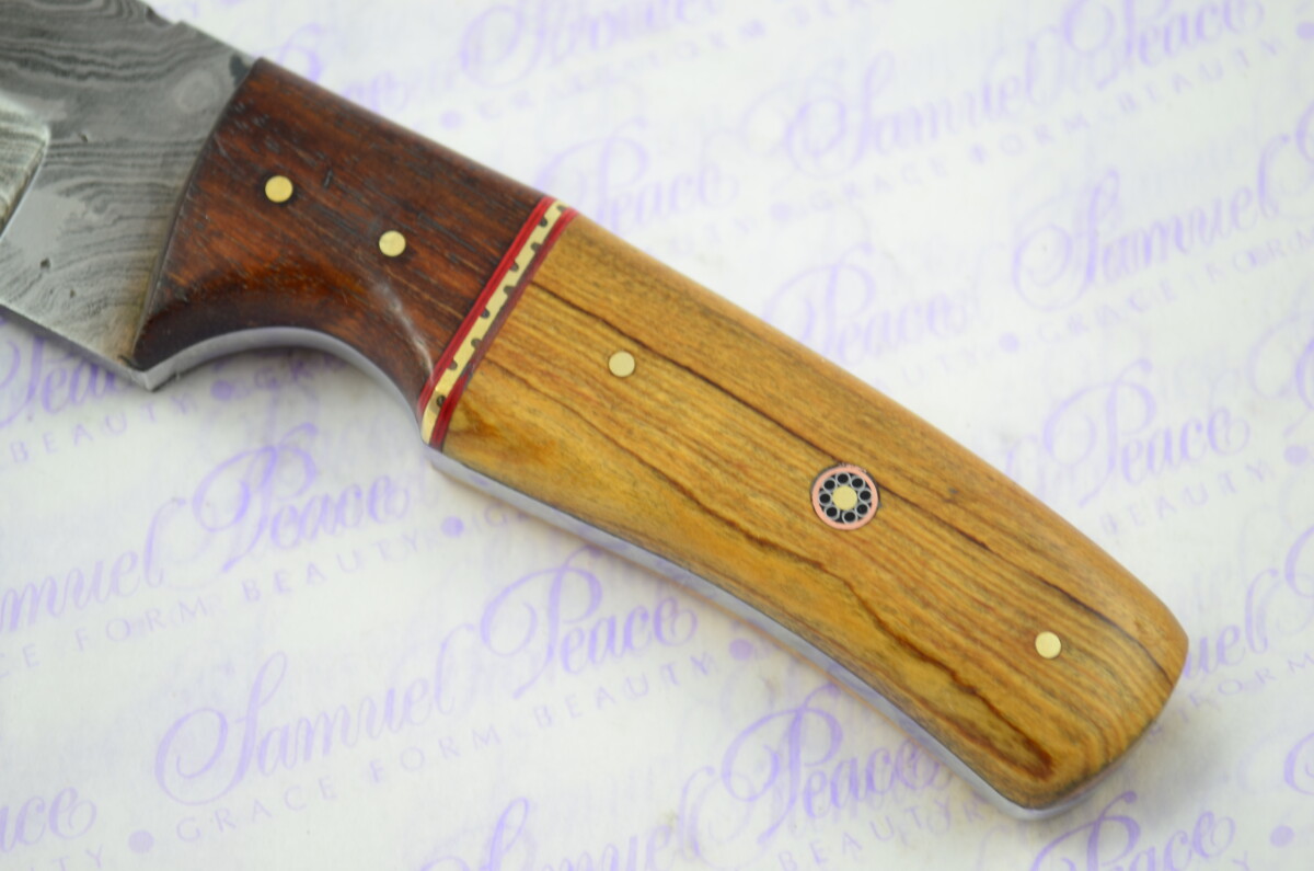 Full Scale Tang Damascus Steel Bowie Rosewood & Olivewood Scales 5" Blade - Image 2