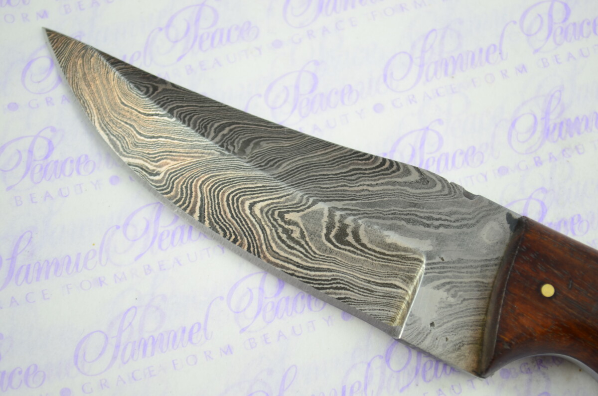 Full Scale Tang Damascus Steel Bowie Rosewood & Olivewood Scales 5" Blade - Image 3