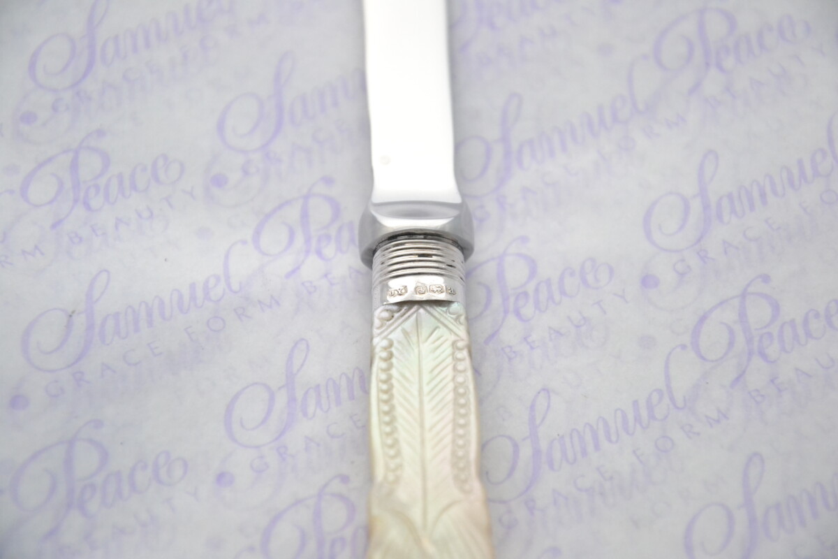 John Yates Pristine Mother of Pearl Sterling Silver Ferruled Letter Opener Sheffield 1918 Cased - Image 5
