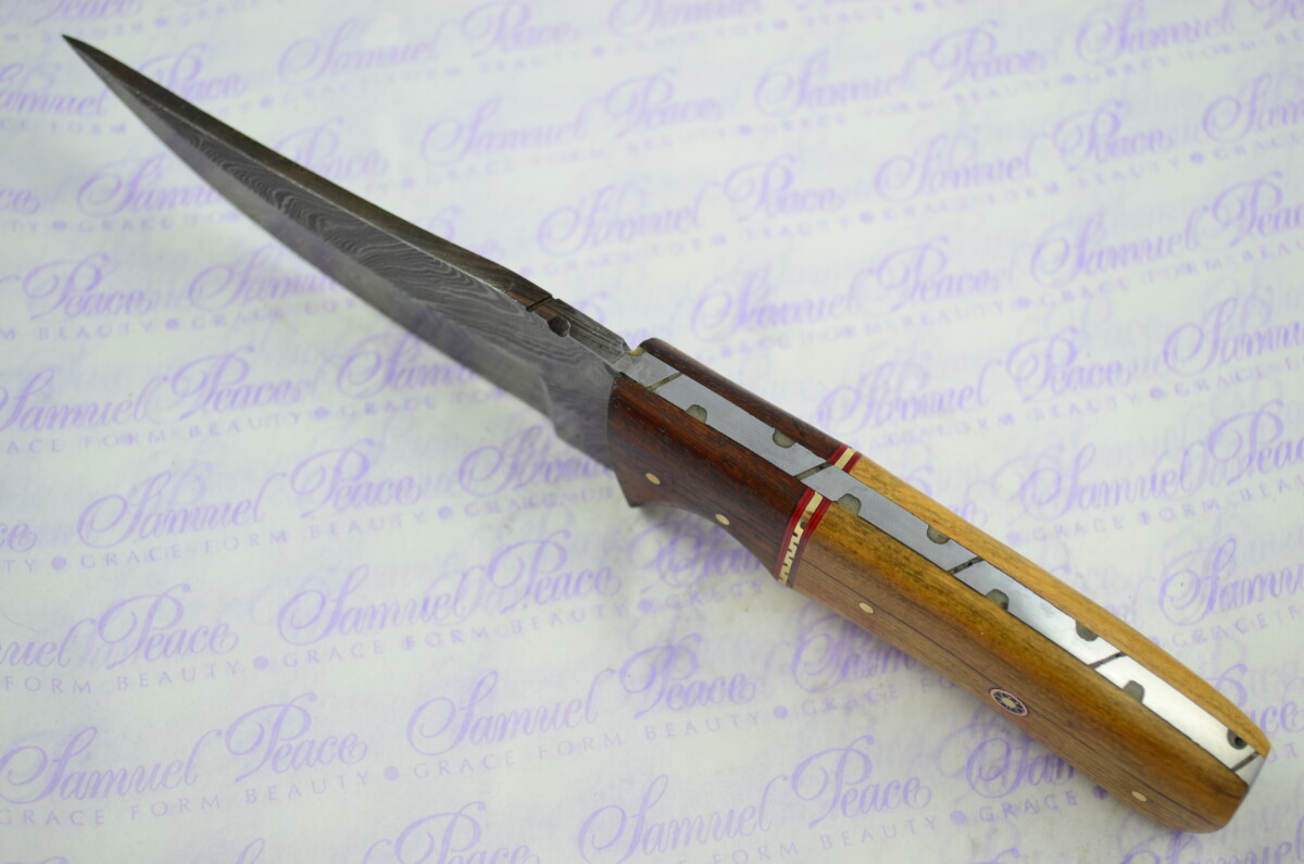 Full Scale Tang Damascus Steel Bowie Rosewood & Olivewood Scales 5" Blade - Image 4
