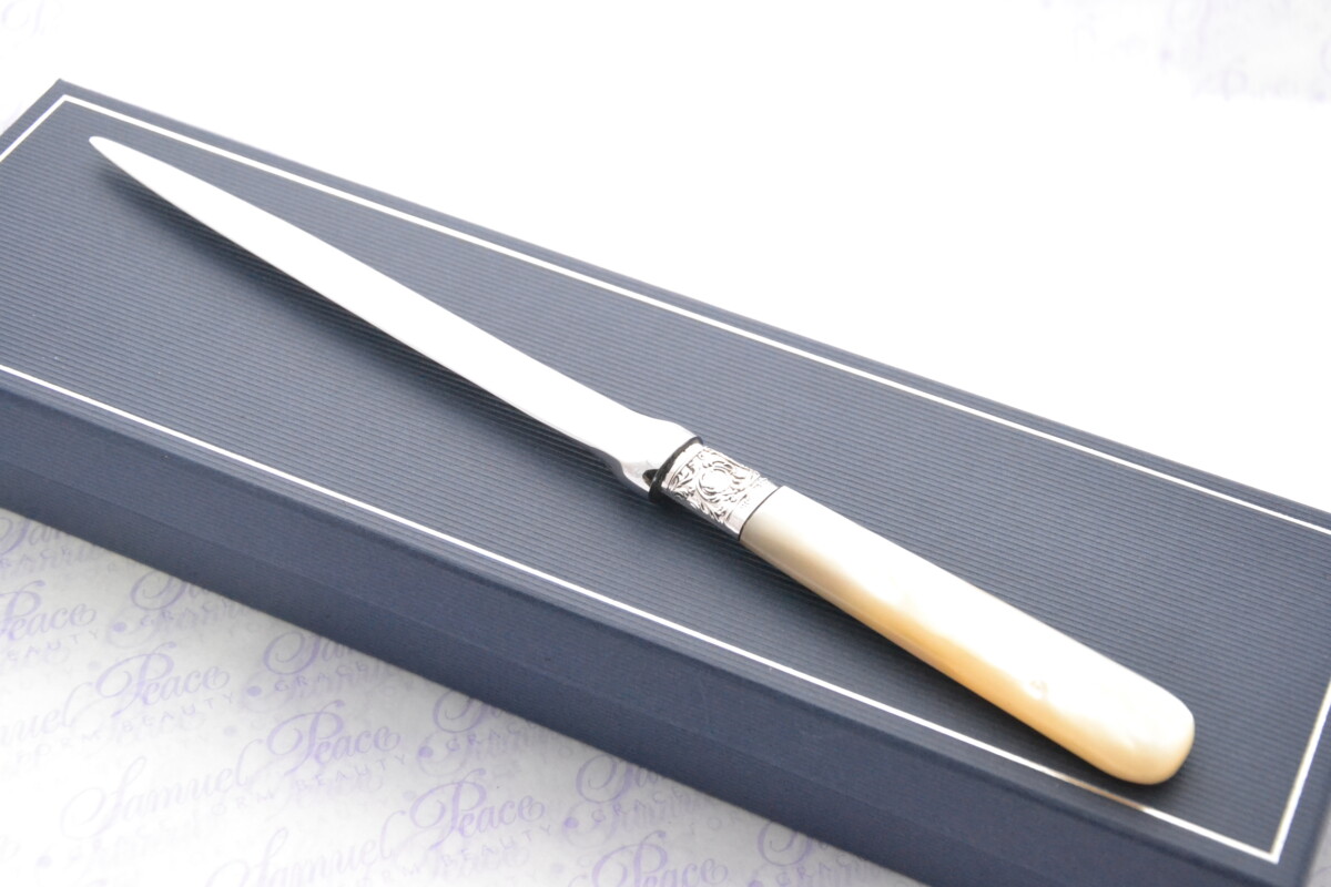 Huge Henry Greaves Pristine Mother of Pearl Sterling Silver Ferruled Letter Opener Sheffield 1906 Cased