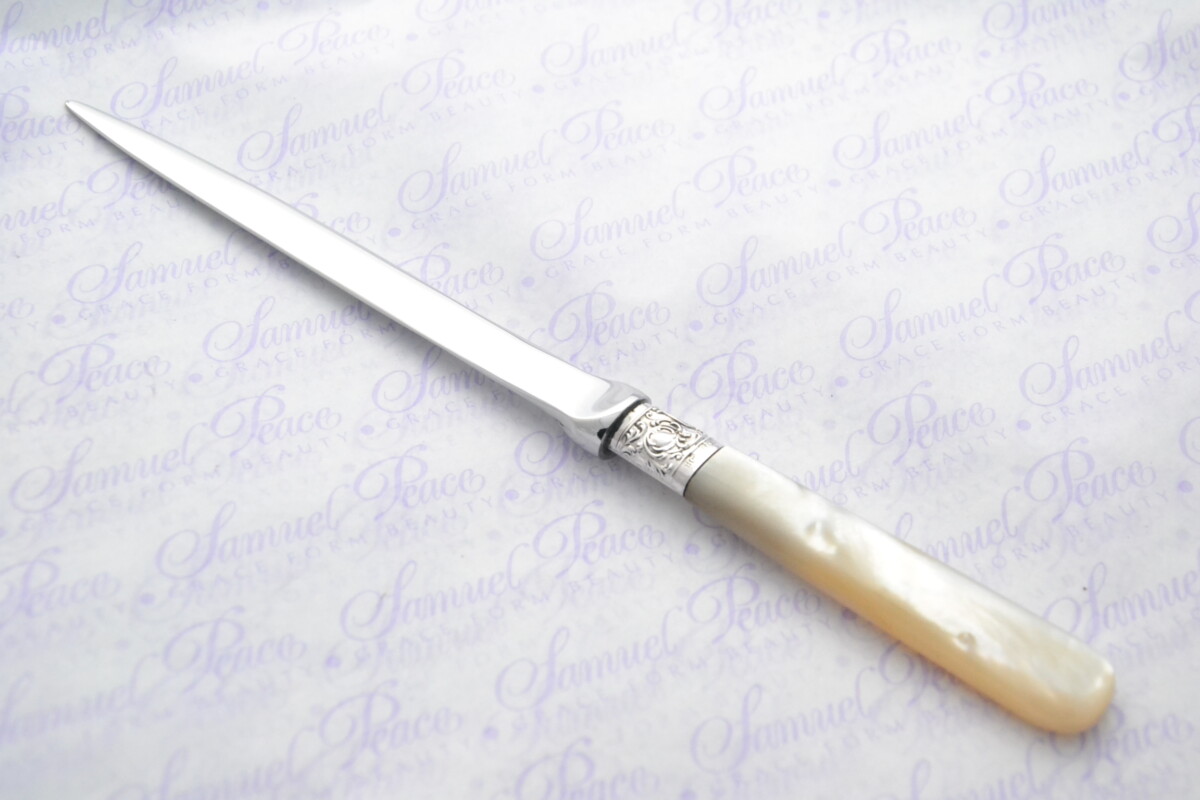 Huge Henry Greaves Pristine Mother of Pearl Sterling Silver Ferruled Letter Opener Sheffield 1906 Cased - Image 2