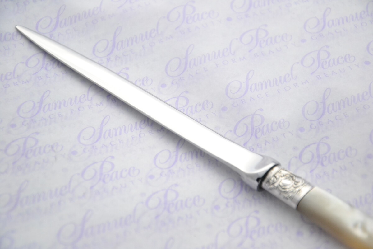 Huge Henry Greaves Pristine Mother of Pearl Sterling Silver Ferruled Letter Opener Sheffield 1906 Cased - Image 4