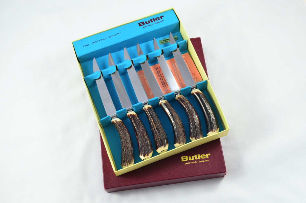George Butler 6 Pairs of Genuine Stag/Antler Handle Steak Knives & Forks Made in Sheffield England - Image 2
