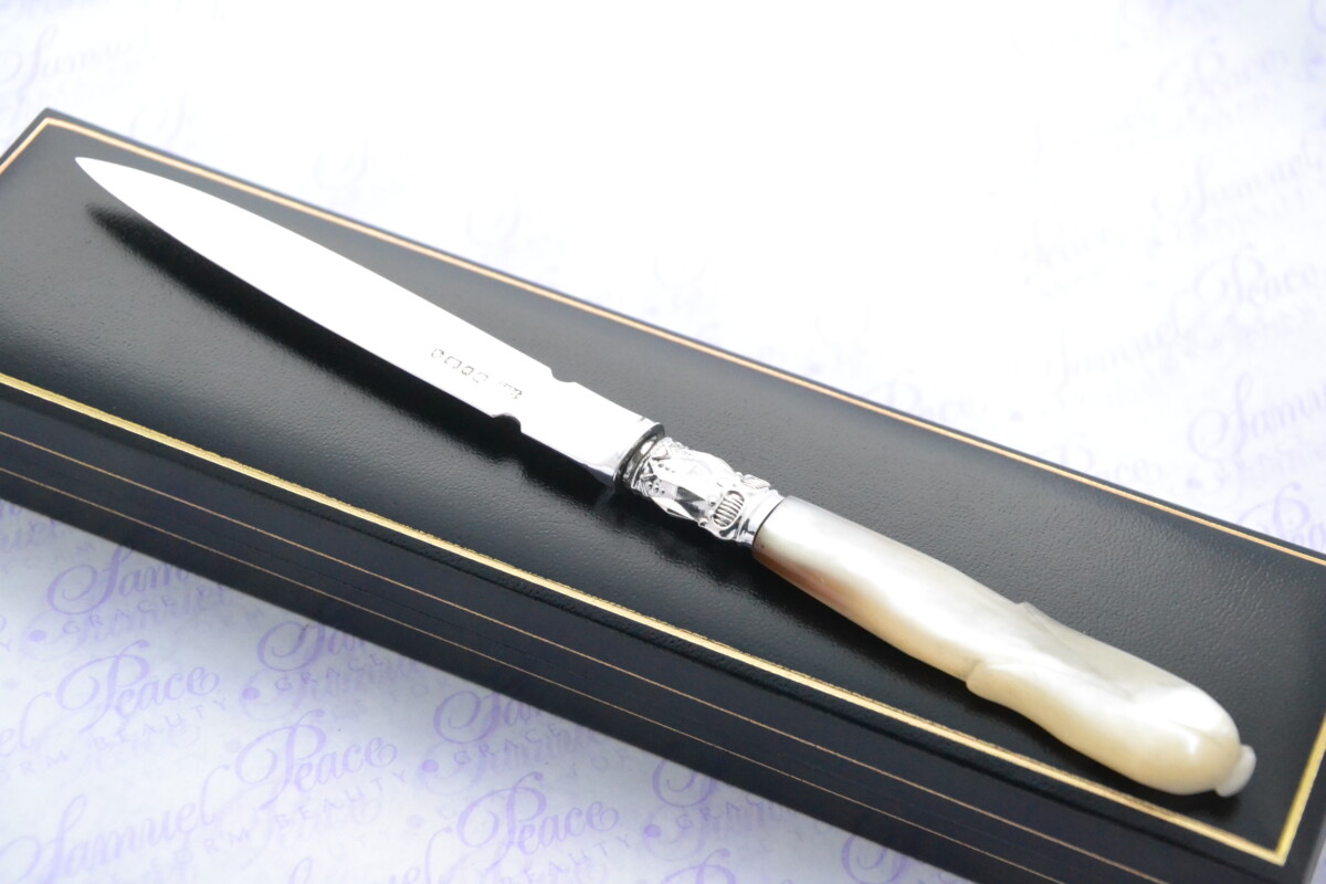 Harrison Bros & Howson Pristine Mother of Pearl Sterling Silver Bladed Letter Opener Sheffield 1877 Cased