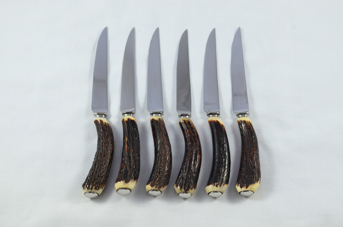 George Butler 6 Pairs of Genuine Stag/Antler Handle Steak Knives & Forks Made in Sheffield England - Image 4