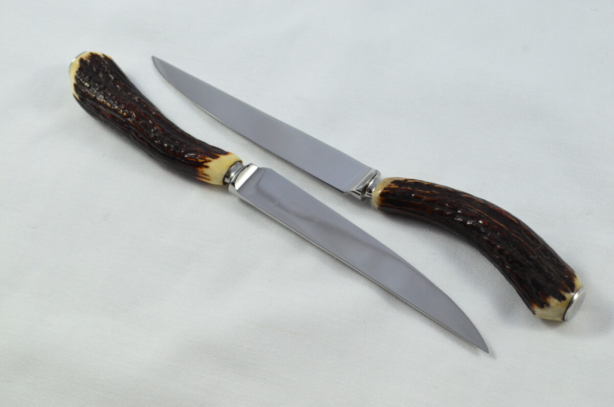 George Butler 6 Pairs of Genuine Stag/Antler Handle Steak Knives & Forks Made in Sheffield England - Image 5