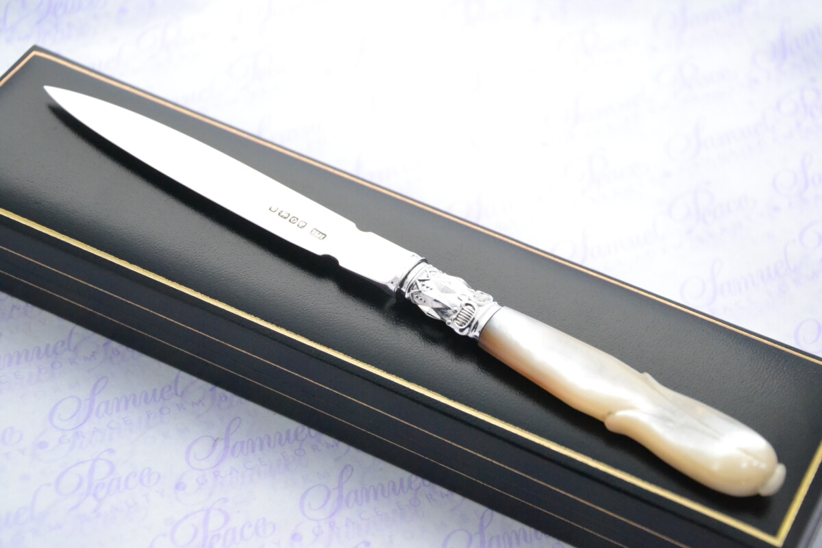Harrison Bros & Howson Pristine Mother of Pearl Sterling Silver Bladed Letter Opener Sheffield 1881 Cased