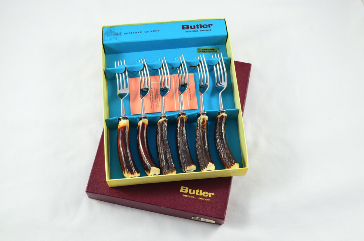 George Butler 6 Pairs of Genuine Stag/Antler Handle Steak Knives & Forks Made in Sheffield England - Image 3