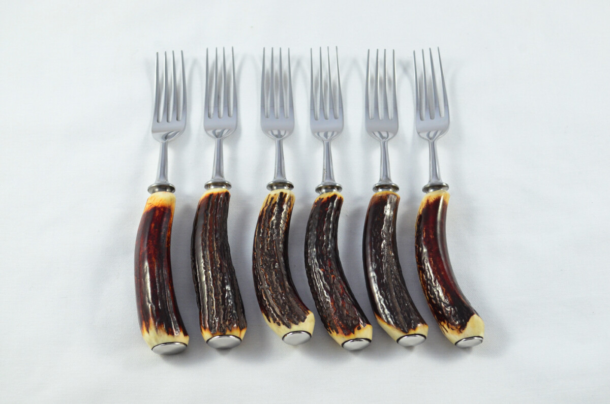 George Butler 6 Pairs of Genuine Stag/Antler Handle Steak Knives & Forks Made in Sheffield England - Image 7