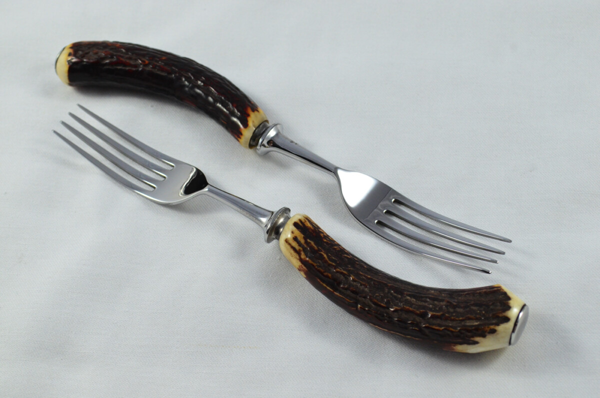 George Butler 6 Pairs of Genuine Stag/Antler Handle Steak Knives & Forks Made in Sheffield England - Image 8