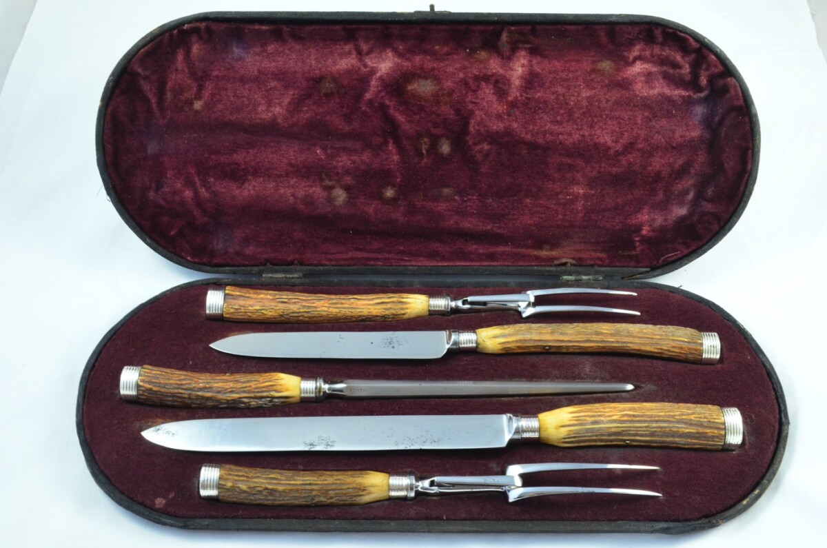 Mappin & Webb Sheffield Handmade 5 Piece Stag Antler Handled Carving Set c.1880 - Silver Plated Cap & Ferrule