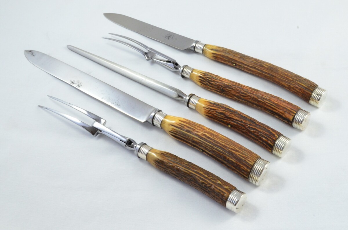 Mappin & Webb Sheffield Handmade 5 Piece Stag Antler Handled Carving Set c.1880 - Silver Plated Cap & Ferrule - Image 2