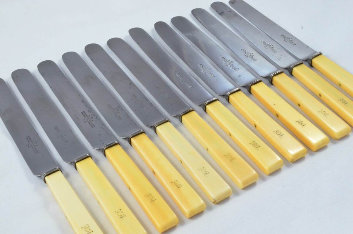 Joseph Rodgers Carving & Dinner Set featuring 12 Table & Dessert Knives with Genuine Ivory Handles c.1840 - Image 3