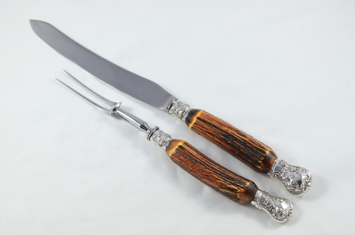 Amazing J.H Potter 5 Piece Stag Handled Silver Capped & Ferruled Carving Set Made in Sheffield 1909 - Image 3