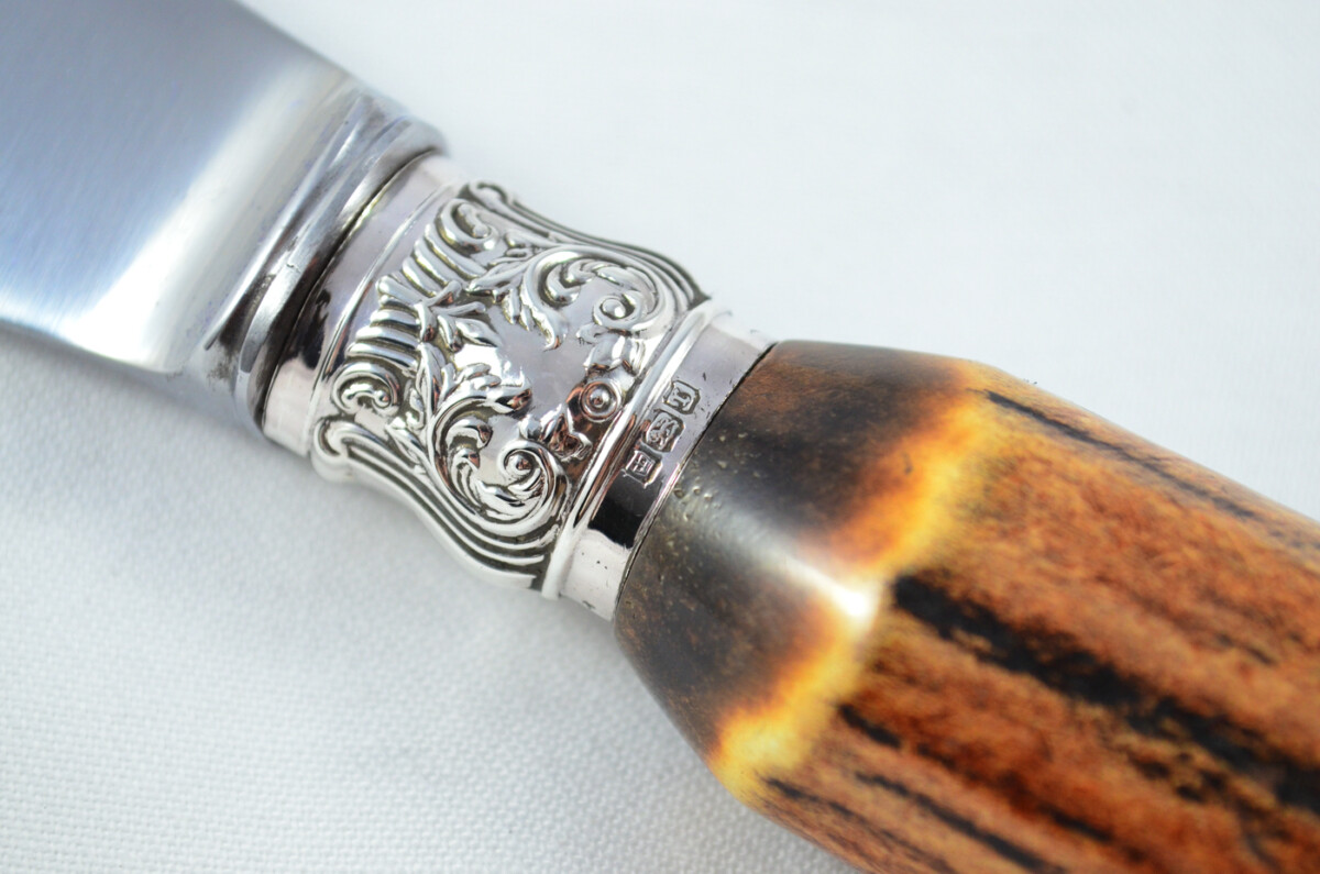 Amazing J.H Potter 5 Piece Stag Handled Silver Capped & Ferruled Carving Set Made in Sheffield 1909 - Image 5