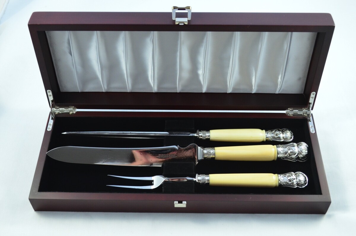 John Hunter Sterling Silver Capped and Ferruled Ivory Handled 3 Piece Carving Set Sheffield 1880