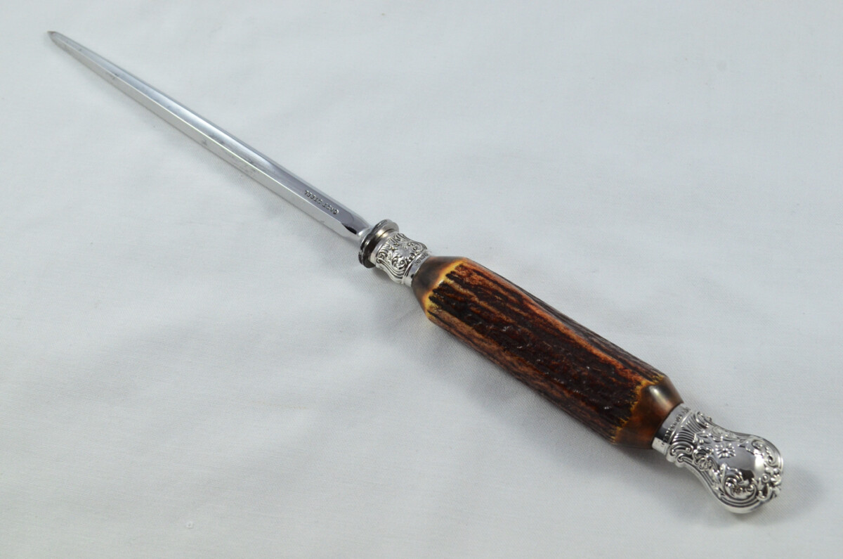 Amazing J.H Potter 5 Piece Stag Handled Silver Capped & Ferruled Carving Set Made in Sheffield 1909 - Image 9
