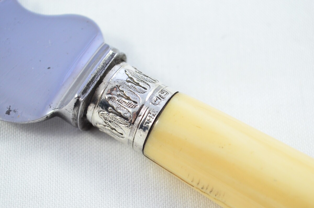 John Hunter Sterling Silver Capped and Ferruled Ivory Handled 3 Piece Carving Set Sheffield 1880 - Image 5