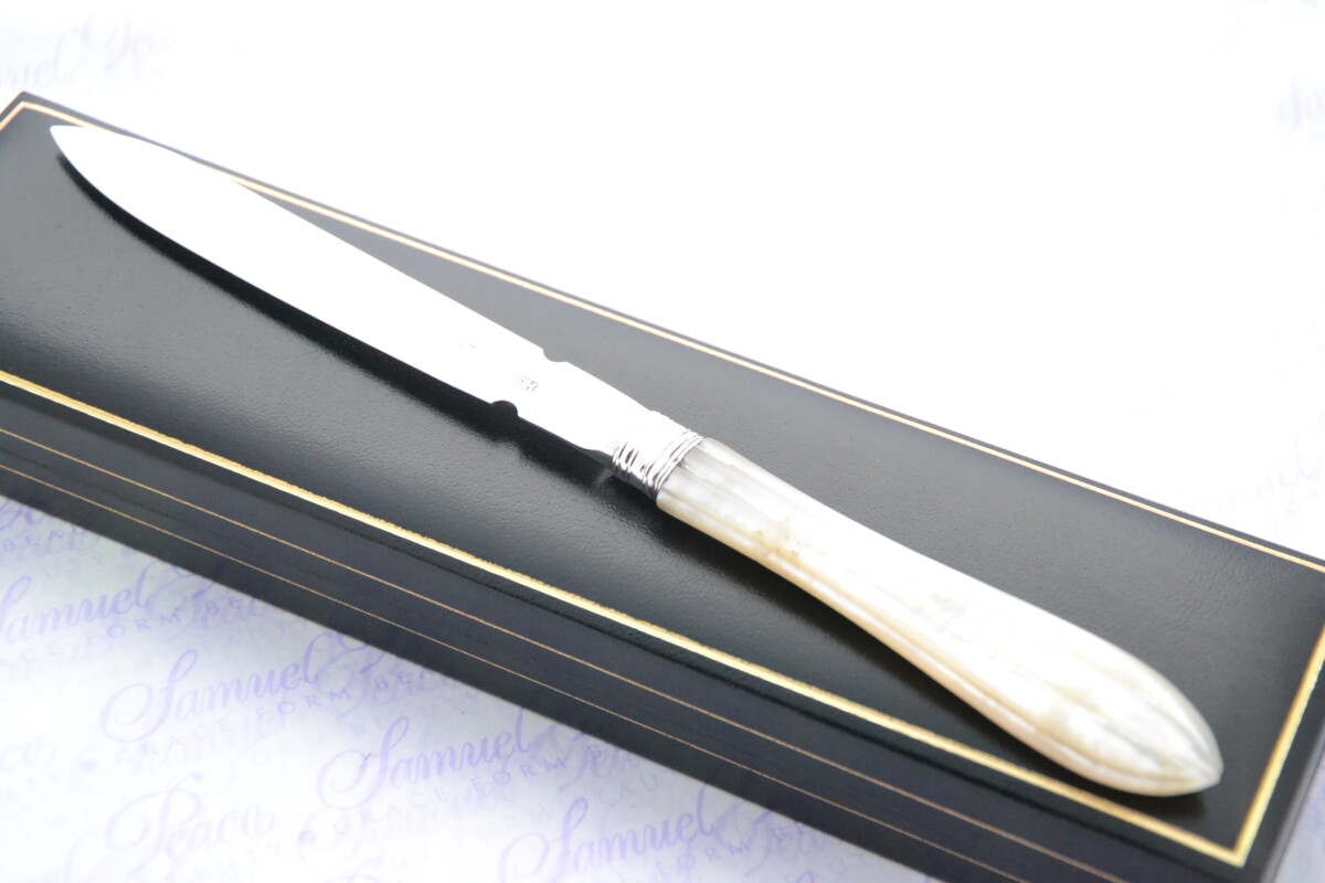 George Howson Pristine Mother of Pearl Sterling Silver Bladed Letter Opener Sheffield 1911 Cased