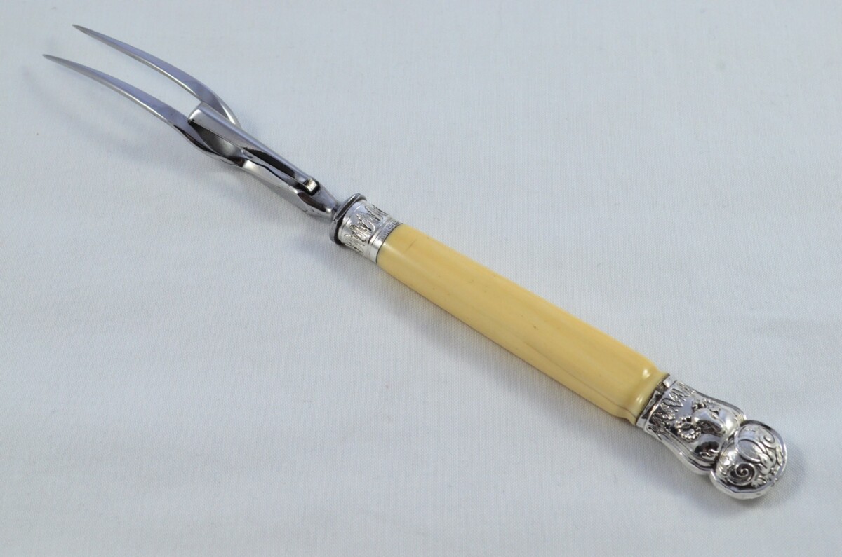 John Hunter Sterling Silver Capped and Ferruled Ivory Handled 3 Piece Carving Set Sheffield 1880 - Image 8