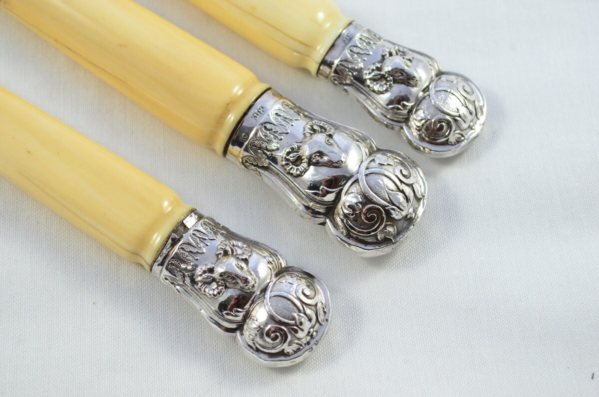 John Hunter Sterling Silver Capped and Ferruled Ivory Handled 3 Piece Carving Set Sheffield 1880 - Image 2