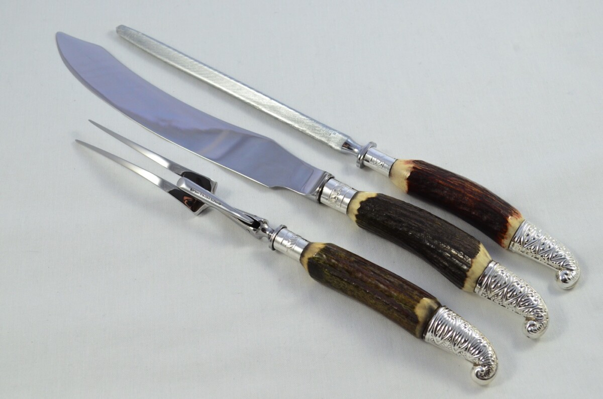 Handmade Sheffield Silver Plated Punch Capped & Ferruled Stag Handled Carving Set 2024 - Image 2