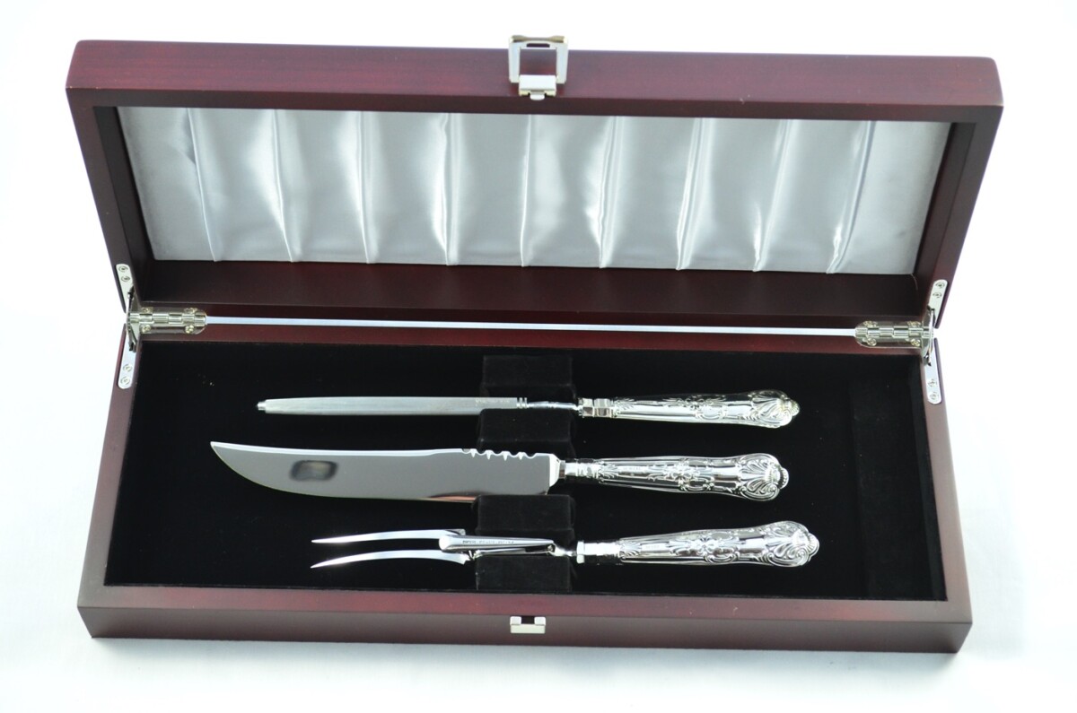 MILLENIUM MARK Sheffield Beatson Drake Sterling Silver Handled 3 Piece Carving Set Queens Pattern 2000