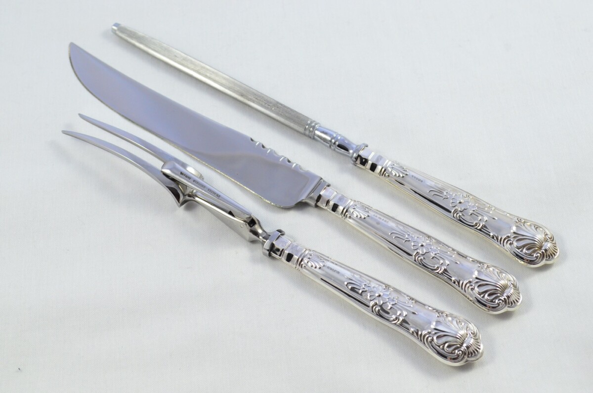 MILLENIUM MARK Sheffield Beatson Drake Sterling Silver Handled 3 Piece Carving Set Queens Pattern 2000 - Image 2