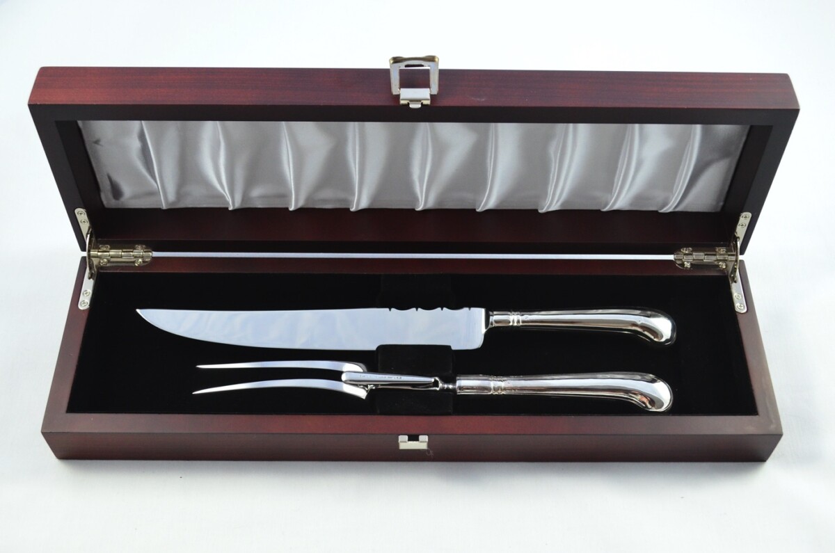 Francis Higgins II RARE London Cased Sterling Silver Handled 2 Piece Carving Set Pistol Pattern 1889
