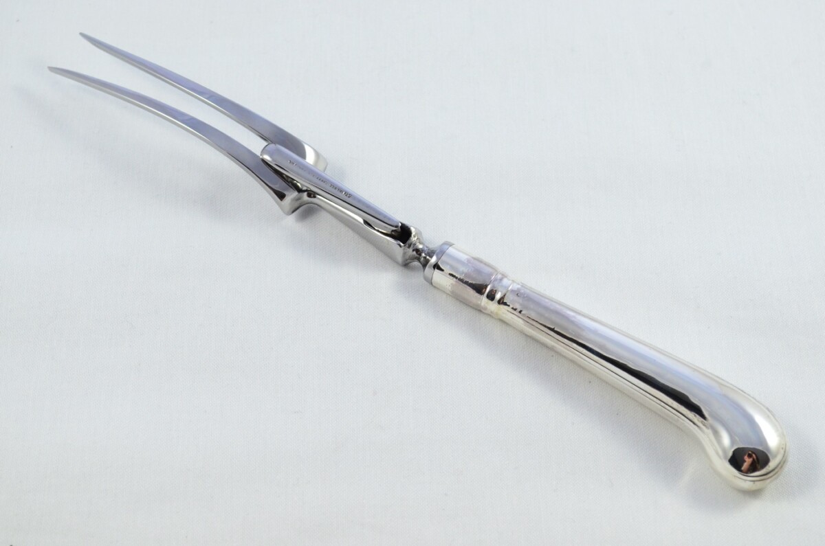 Francis Higgins II RARE London Cased Sterling Silver Handled 2 Piece Carving Set Pistol Pattern 1889 - Image 7