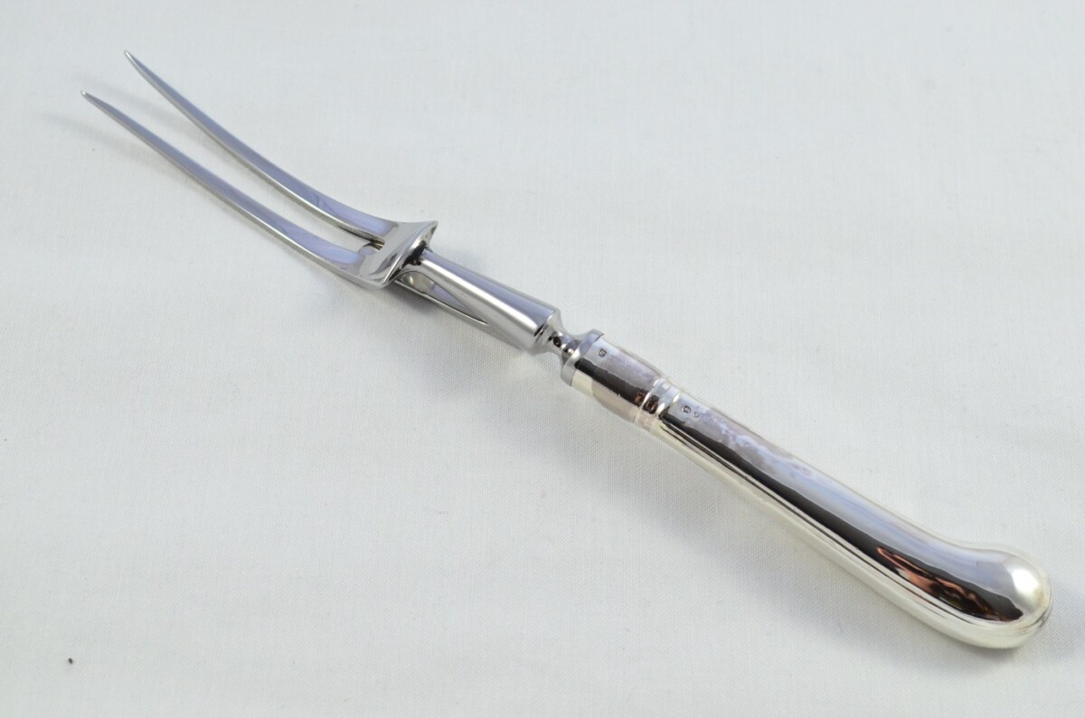 Francis Higgins II RARE London Cased Sterling Silver Handled 2 Piece Carving Set Pistol Pattern 1889 - Image 8