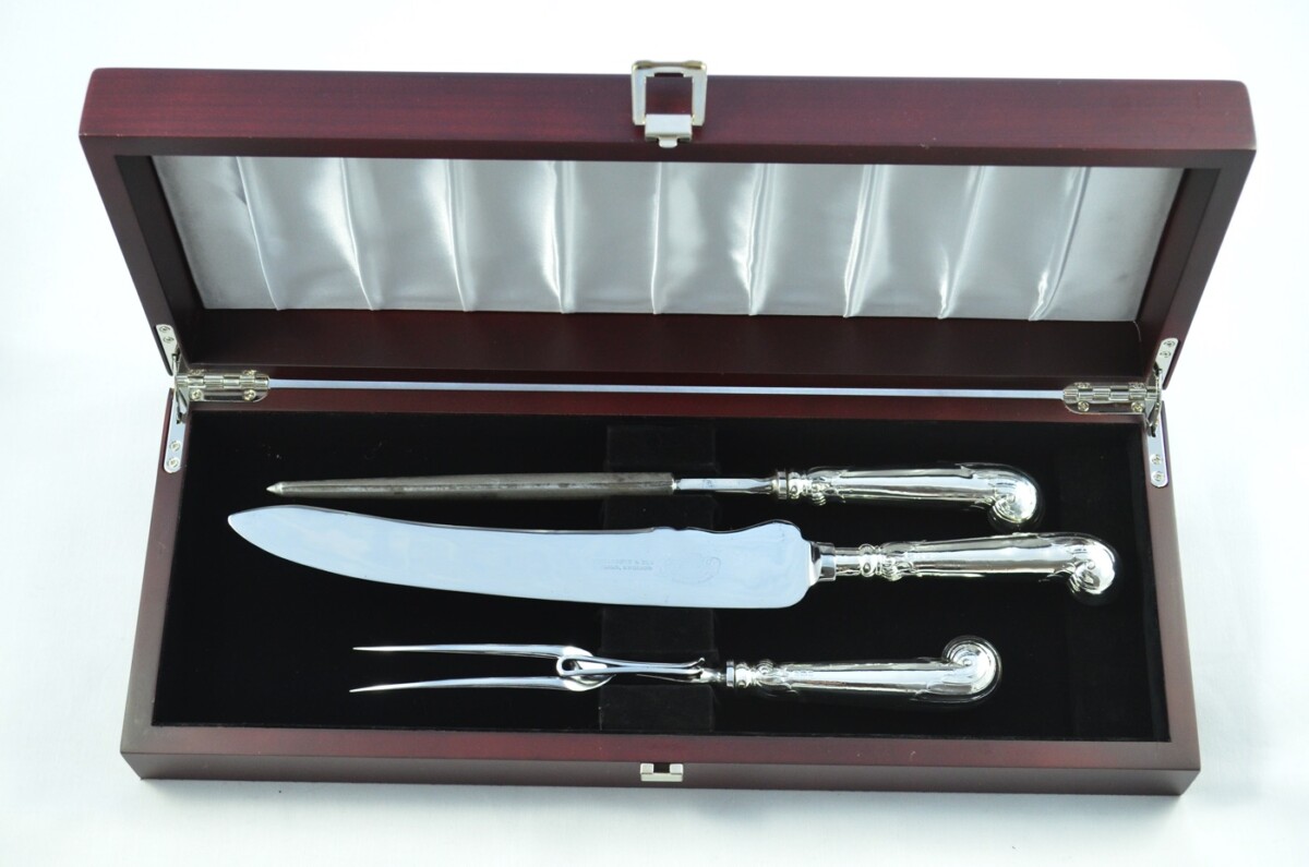 Sheffield George Howson Sterling Silver Handled 3 Piece Carving Set Fancy Pistol Pattern 1908