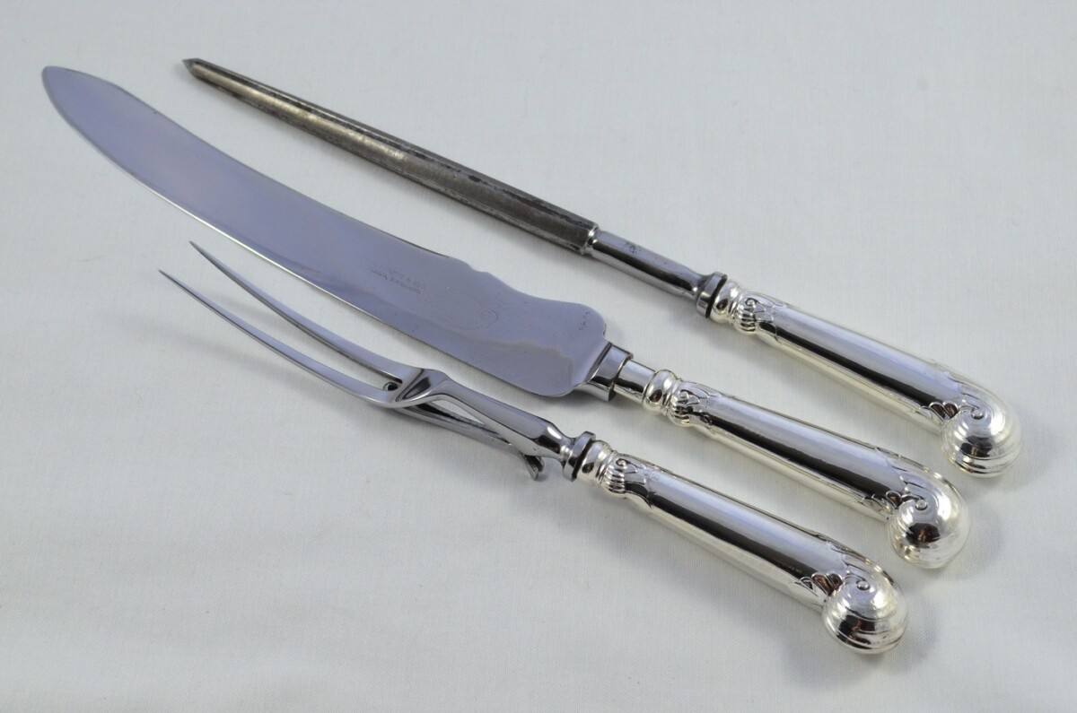 Sheffield George Howson Sterling Silver Handled 3 Piece Carving Set Fancy Pistol Pattern 1908 - Image 2