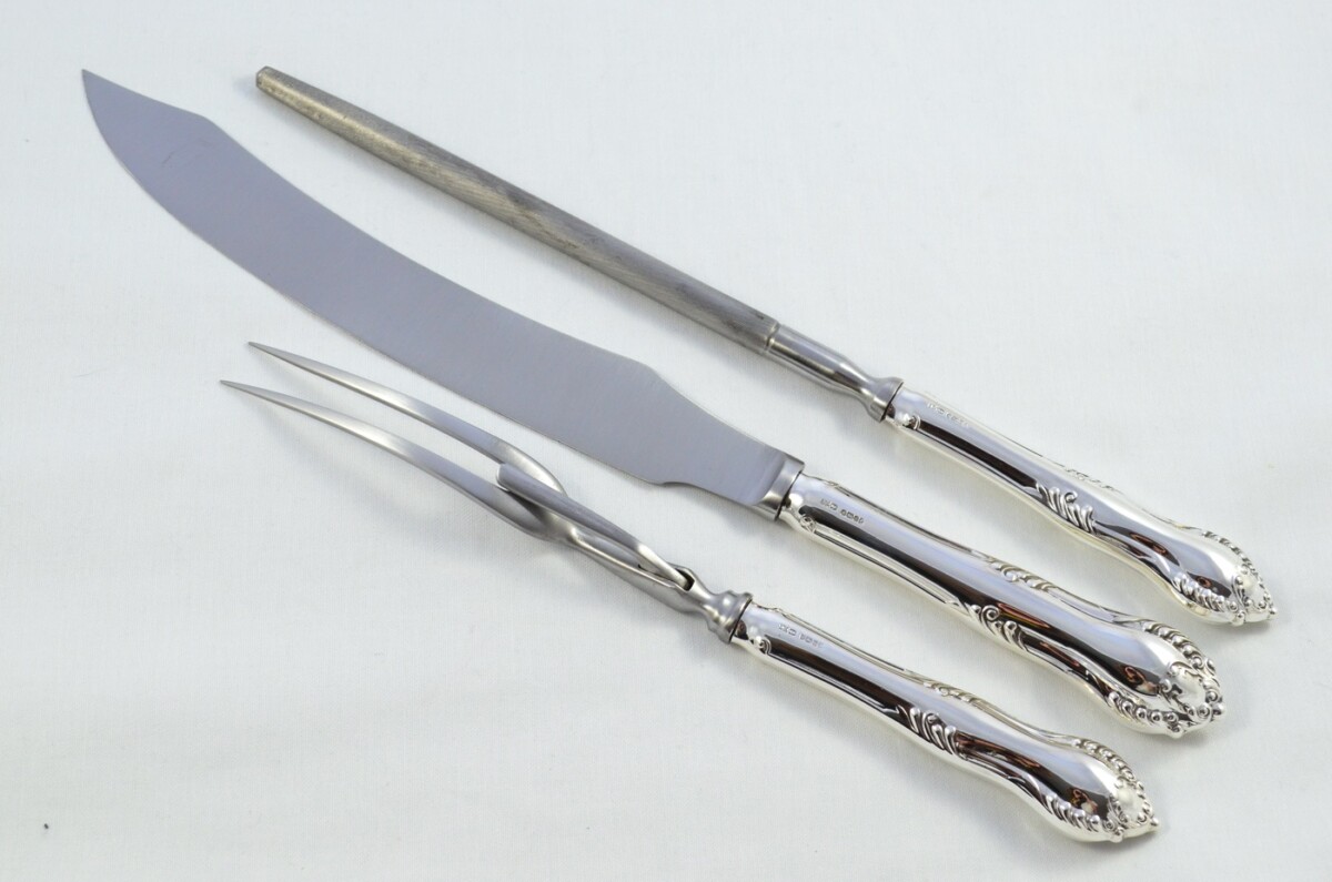 James Dixon & Sons Rare Sheffield Silver Handled 3 Piece Carving Set Chesterfield Pattern 2002 - Image 2